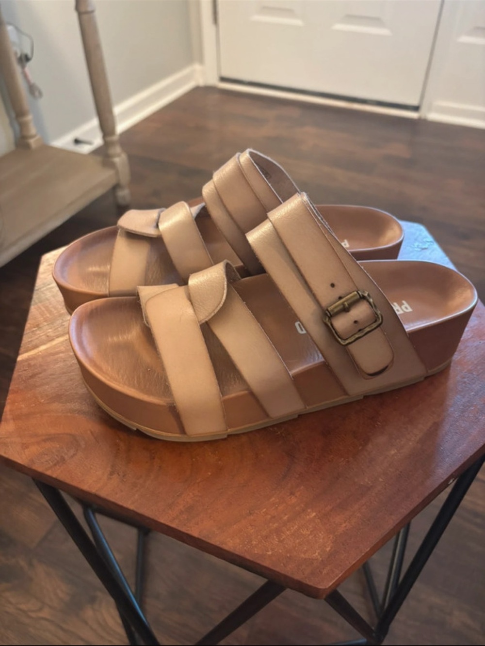 Women's Neutral Tan Platform Slide Sandals with Buckle Strap